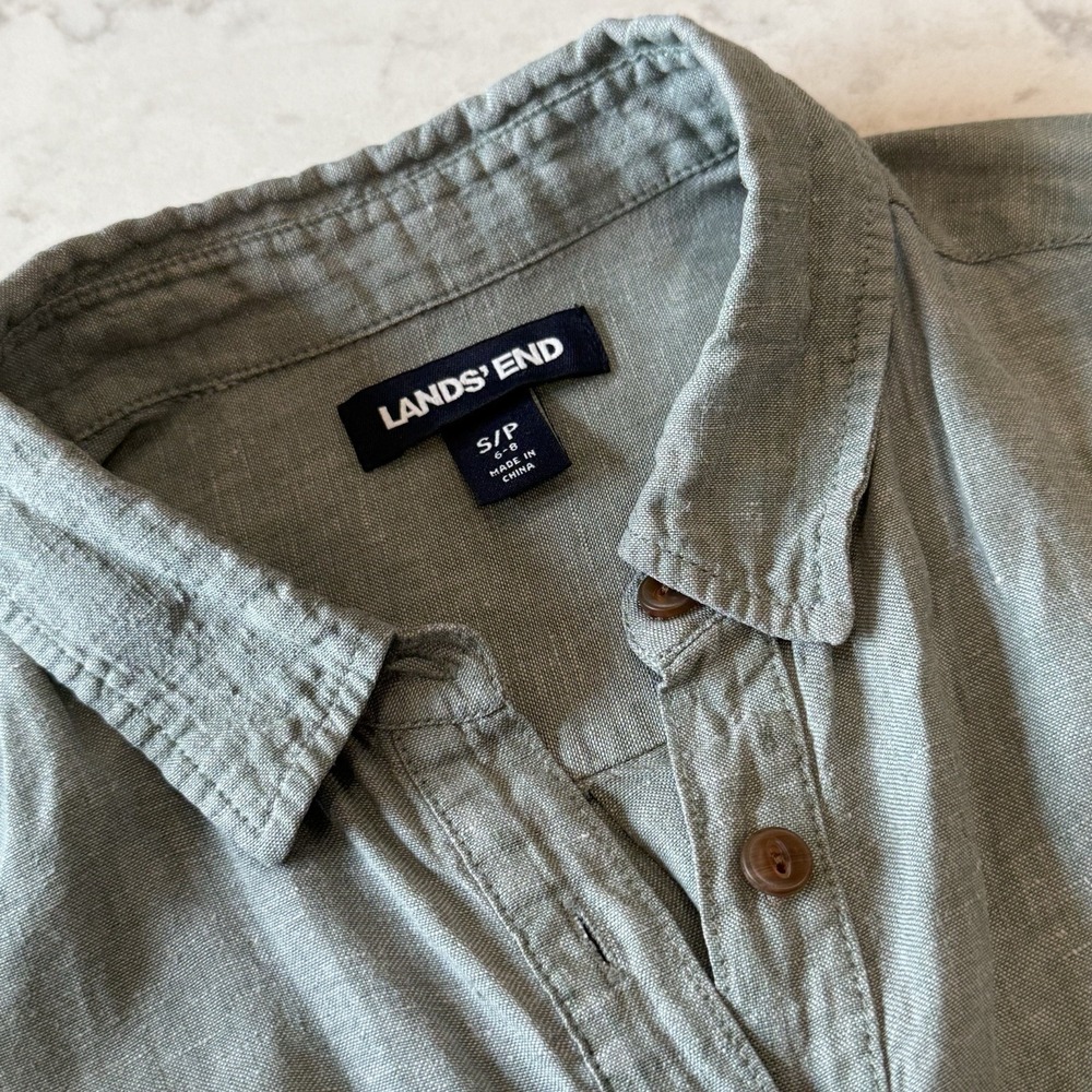 Lands End 100% Linen Utility Button Up Shirt S(6-8) Dark Sage Roll Tab Sleeve - Picture 3 of 6